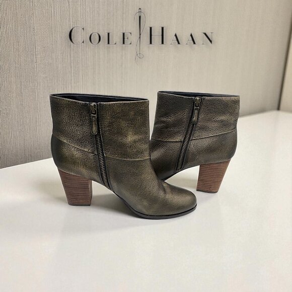 Cole Haan Metallic Leather Ankle Boots Block Heel Side Zip - 8.5B - Picture 1 of 10